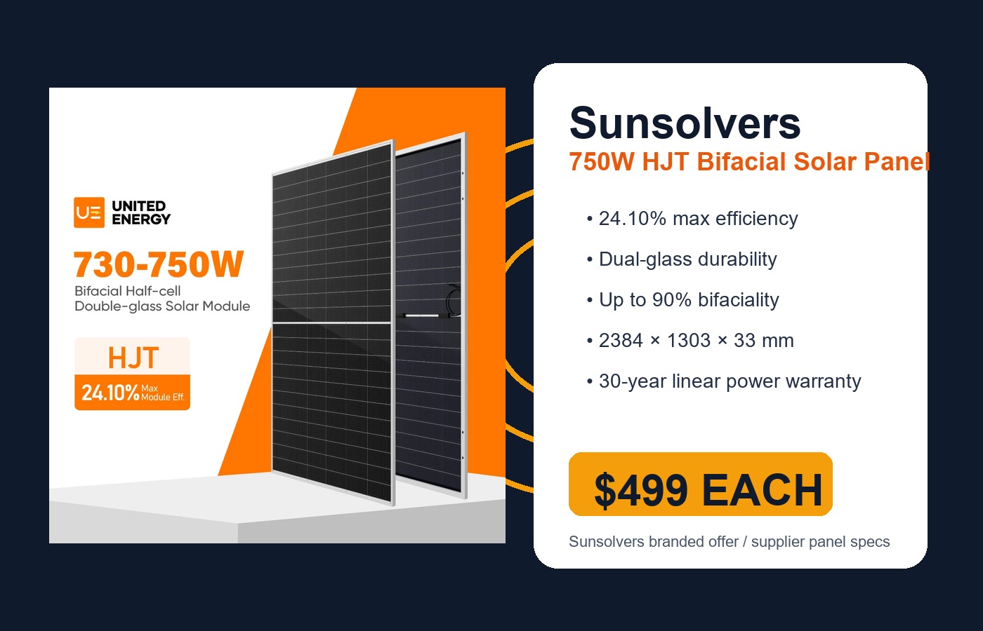 Sunsolvers branded 750W HJT bifacial solar panel offer